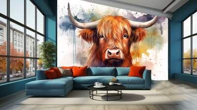 Urban art design. Illustration of a highland cow. Creativity in graffiti style painted on walls. Wall mural