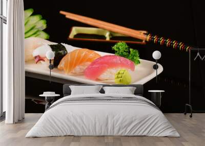 Mix Nigiri Sushis on black background Wall mural