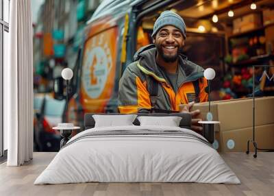 delivery man with parcel box over truck on street background delivery service Wall mural