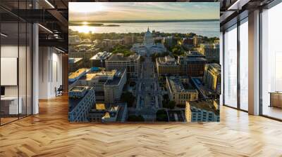 Aerial view of main street in Madison, Wisconsin. Capitol building as city dominant with sun as background Wall mural