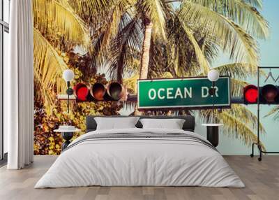 Coconut palm trees and Ocean Drive street sign in Miami Beach Wall mural