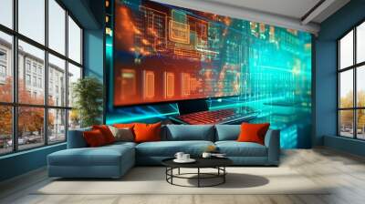 Computer monitor screen with network data, shallow depth of field, orange and teal colors, Generative AI Wall mural