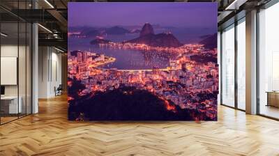 Rio de Janeiro skyline panorama at sunsey, Brazil. Sugarloaf Mountain and Botafogo Bay Wall mural