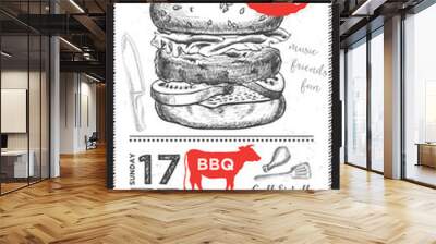 Barbecue party invitation. BBQ template menu design. Food flyer. Wall mural