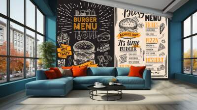 Burger restaurant menu. Food flyer on blackboard background for bar and cafe. Design template with vintage hand-drawn illustrations. Wall mural