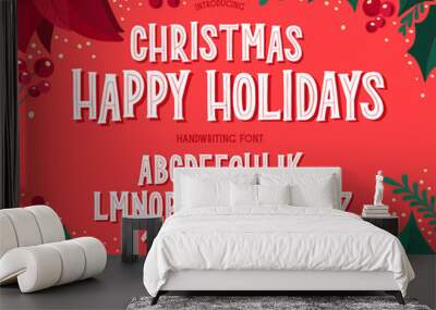 Christmas font. Holiday typography alphabet with festive illustrations and season wishes. Wall mural