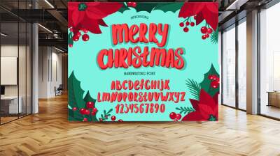 Christmas font. Holiday typography alphabet with festive illustrations and season wishes. Wall mural