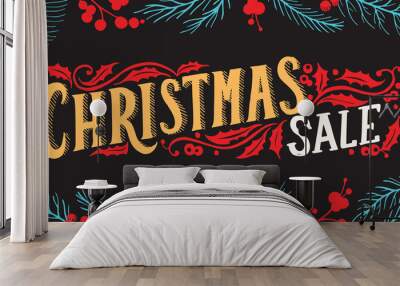 Christmas sale chalkboard background with holiday decorations. Wall mural