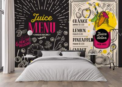 Juice smoothie menu for restaurant and cafe. Vector drink flyer on blackboard background. Design template with vintage hand-drawn illustrations. Wall mural