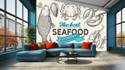 Seafood illustration - fish, crab, lobster, shrimp, mussel for restaurant Wall mural