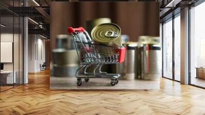 Canned food in shopping cart toy with group of Aluminium canned food. Wall mural