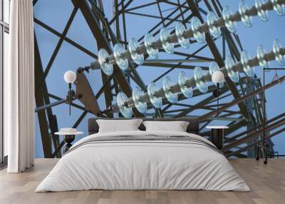 close-up photo of  disc insulators mounted on high-voltage power lines with blue sky visible in the background Wall mural