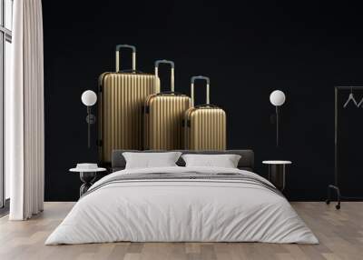 Gold travel luggage isolated on black background. Luxury golden suitcases minimal black background concept. Travel black color minimalist mock up idea. Black and gold colored dark isolated image. Wall mural