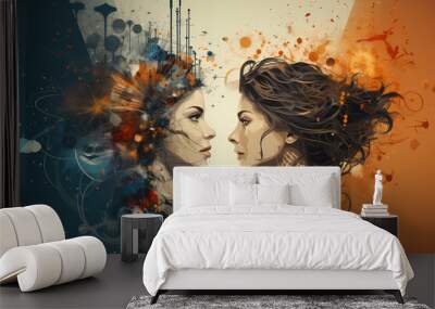 Facing your past self. Portrait of two women facing each other Wall mural