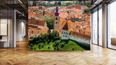 Aerial drone view of Ptuj townscape in Slovenia by river Drava Wall mural