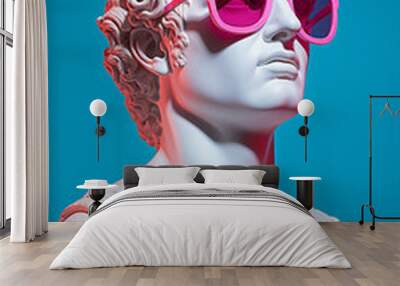 Apollo statue weating sunglasses, creative art with pink and blue neon colors. Generative AI Wall mural