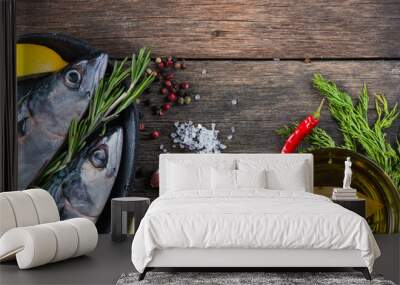 Food background of fresh fish with herbs,cooking concept Wall mural