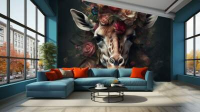 Giraffe portrait with colorful flowers and leaves.  Creative animal portrait. Generative Ai Wall mural