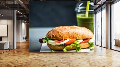 Healthy sandwich bun with green smoothie Wall mural