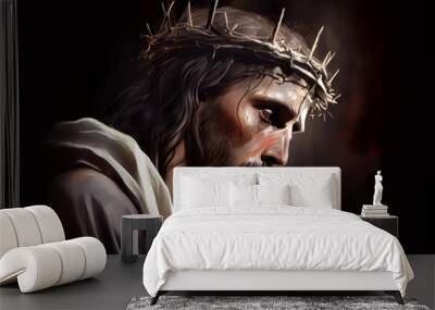 Jesus Christ in crown of thorns. Easter ressurrection face portrait. Generative Ai Wall mural