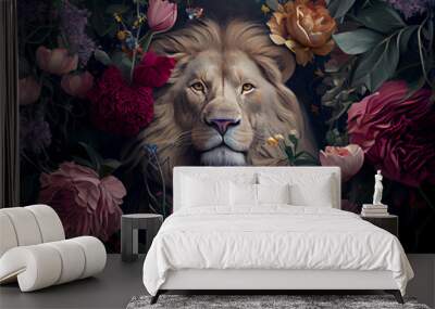 Lion portrait with flowers and leaves. Creative animal portrait. Generative Ai Wall mural