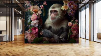 Monkey creative portrait with many colorful flowers. Generative AI Wall mural