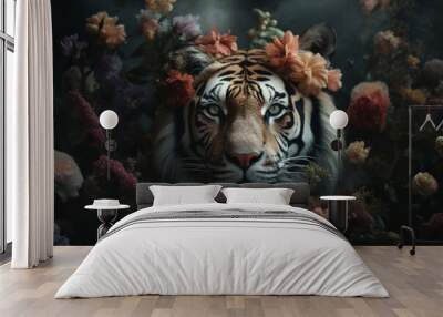 Tiger wild cat abstract portrait with flowers and leaves. Creative animal portrait. Generative Ai. Wall mural