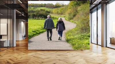 Senior couple walking in a park in autumn Wall mural