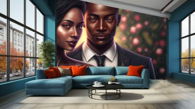 Fictional Person, black woman and man, celebrating valentine's day in a rose garden in love Wall mural