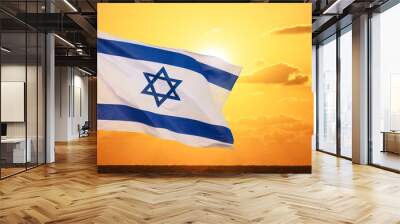 Flag of Israel in the wind against the background of the sea and with the yellow sky November 2, 2023 Tel Aviv  Wall mural