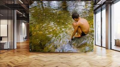 A 7-year-old boy plays in a river in Itatiaia National Park in the Mata Atlantica biome. Rio de janeiro Brazil Wall mural