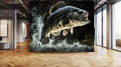 The black bass fish jumps out of the river water in a stunning display of agility and power, generated by IA Wall mural