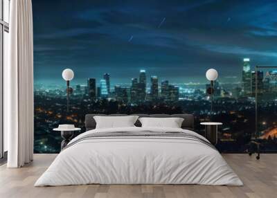 32:9 panoramic view of the city of Los Angeles at night Wall mural