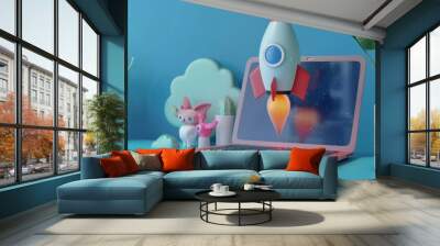 3d illustration rocket coming out of a laptop on blue background Wall mural