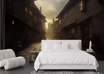 A beautiful fantasy matte painting of an alley in a Tolkien-like village.  Wall mural