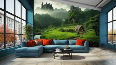 A gorgeous hobbit-like house in a beautiful green landscape with mountains and castles in the distance. Wall mural