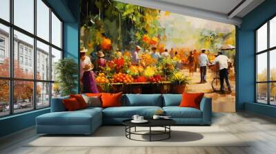  oil painting, capturing the vibrant colors and textures of a bustling farmer's market, fresh vegetables and fruits in a riot of color, softly lit by the morning sun, on canvas Wall mural