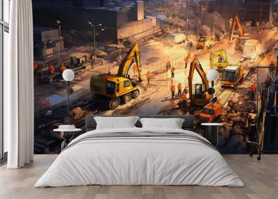 A bird's eye view of a bustling construction site at dawn, detailed machinery at work, with vibrant neon safety vests standing out, sketched in charcoal Wall mural