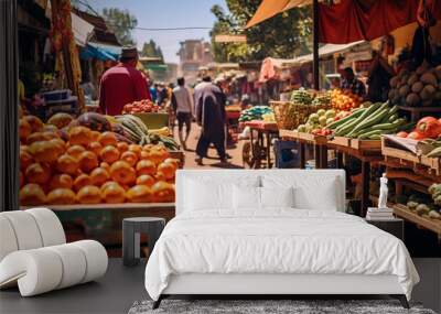 a bustling outdoor market in Marrakech: Vibrant colors, wide variety of stalls, local life in the backdrop Wall mural