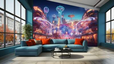 A futuristic XR carnival with mind - bending rides that defy gravity. The rides are adorned with neon lights and surreal shapes, creating a sense of exhilaration and wonder Wall mural