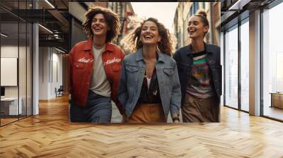 a group of three friends, diverse and stylish, walking down an urban alleyway filled with street art. All dressed in vintage 90s street fashion with high - waisted jeans, cropped tops, oversized shirt Wall mural