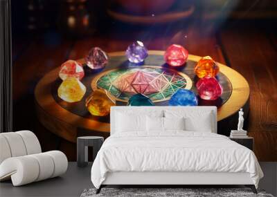 a healing crystal grid, variety of colored gemstones arranged in a sacred geometry pattern, on a wooden table, warm ambient lighting, lens blur effect, magical, mysterious Wall mural