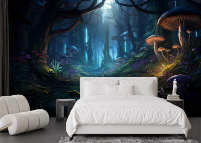 a lush, ancient forest illuminated by magical light, with strange, glowing creatures hidden amongst the undergrowth. Fantasy style, rich colors, and deep shadows. Ultra - high resolution, detailed tex Wall mural