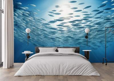 a school of silver sardines swimming in a circular formation, dim, ethereal lighting, water particles visible Wall mural