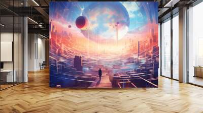 A symphony of augmented and virtual realities colliding, with abstract geometric shapes and futuristic symbols merging into a celestial landscape. A feeling of transcendence and discovery Wall mural