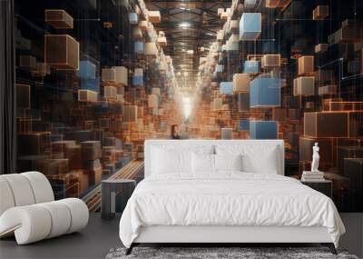 a warehouse filled with goods, packages, and robots, digitally manipulated to appear like a complex, geometric fractal pattern, representing the complexity of e - commerce logistics Wall mural