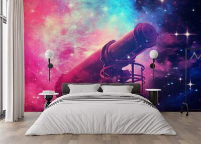 Abstract silhouette of an old - fashioned brass telescope, in front of a glowing nebula, radiant mix of pinks, purples and blues, high dynamic range, sharp details, high key lighting, on black backgro Wall mural