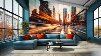 An expansive and detailed view of a bustling city skyline at sunset, rich orange and pink hues in the sky, buildings made of glass and steel reflecting the light Wall mural