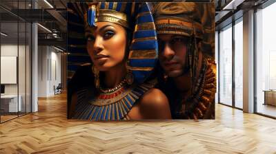 Ancient Egyptian time-capsule portrait, pharaoh and queen in traditional headdress, hieroglyphics background Wall mural