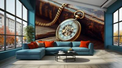 Antique pocket watch with a gold chain, set against an aged leather book, soft warm lighting Wall mural